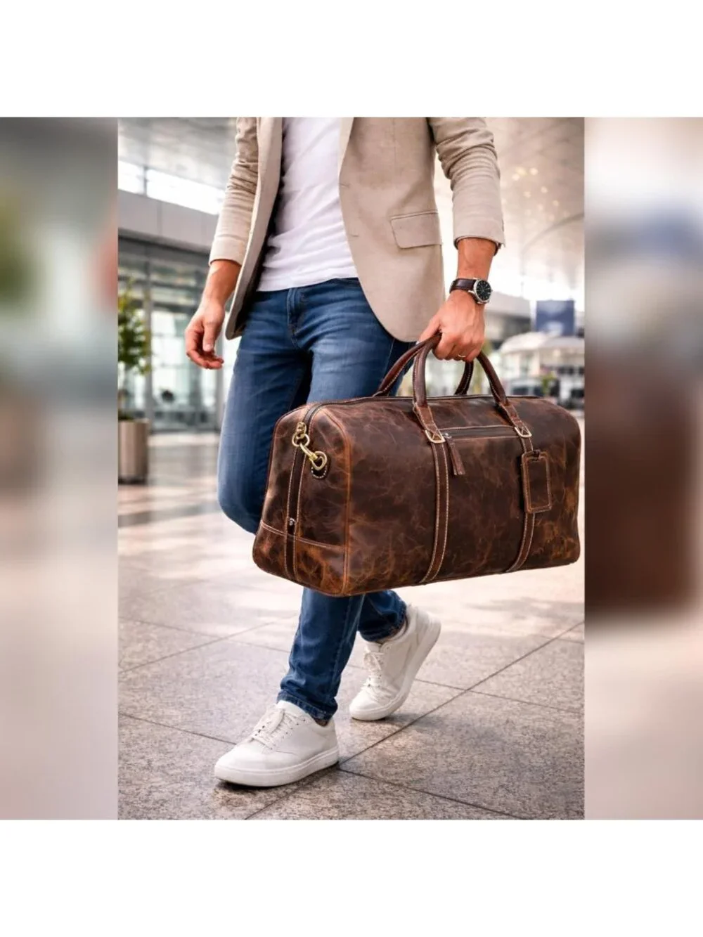 Full Grain Leather Duffle Bag for Men, Buffalo Weekend Travel Bag with Pockets